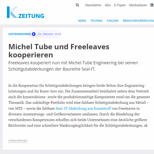 Zrzut ekranu artykułu prasowego w K-Zeitung z nagłówkiem "Michel Tube i Freeleaves współpracują