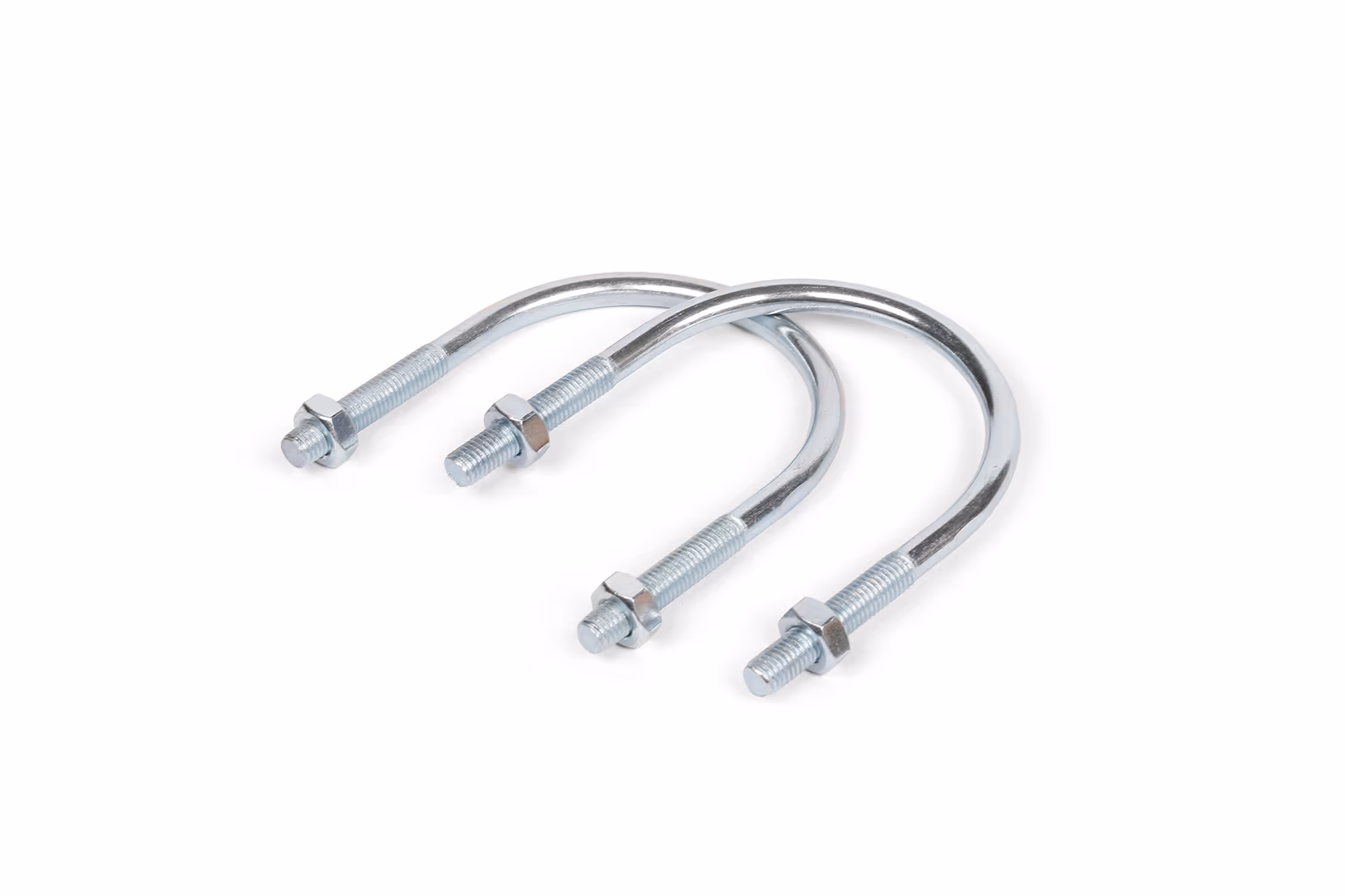 U-bolt made of galvanized steel with threaded nuts.