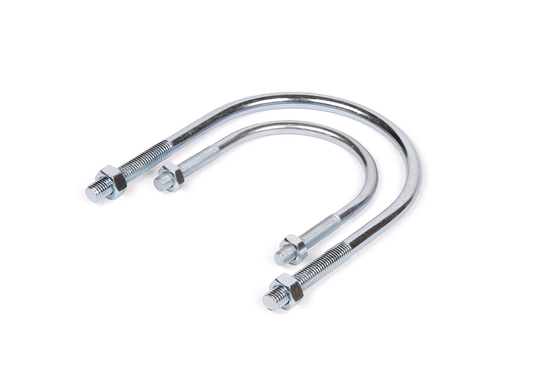 U-bolt made of galvanized steel with threaded nuts.