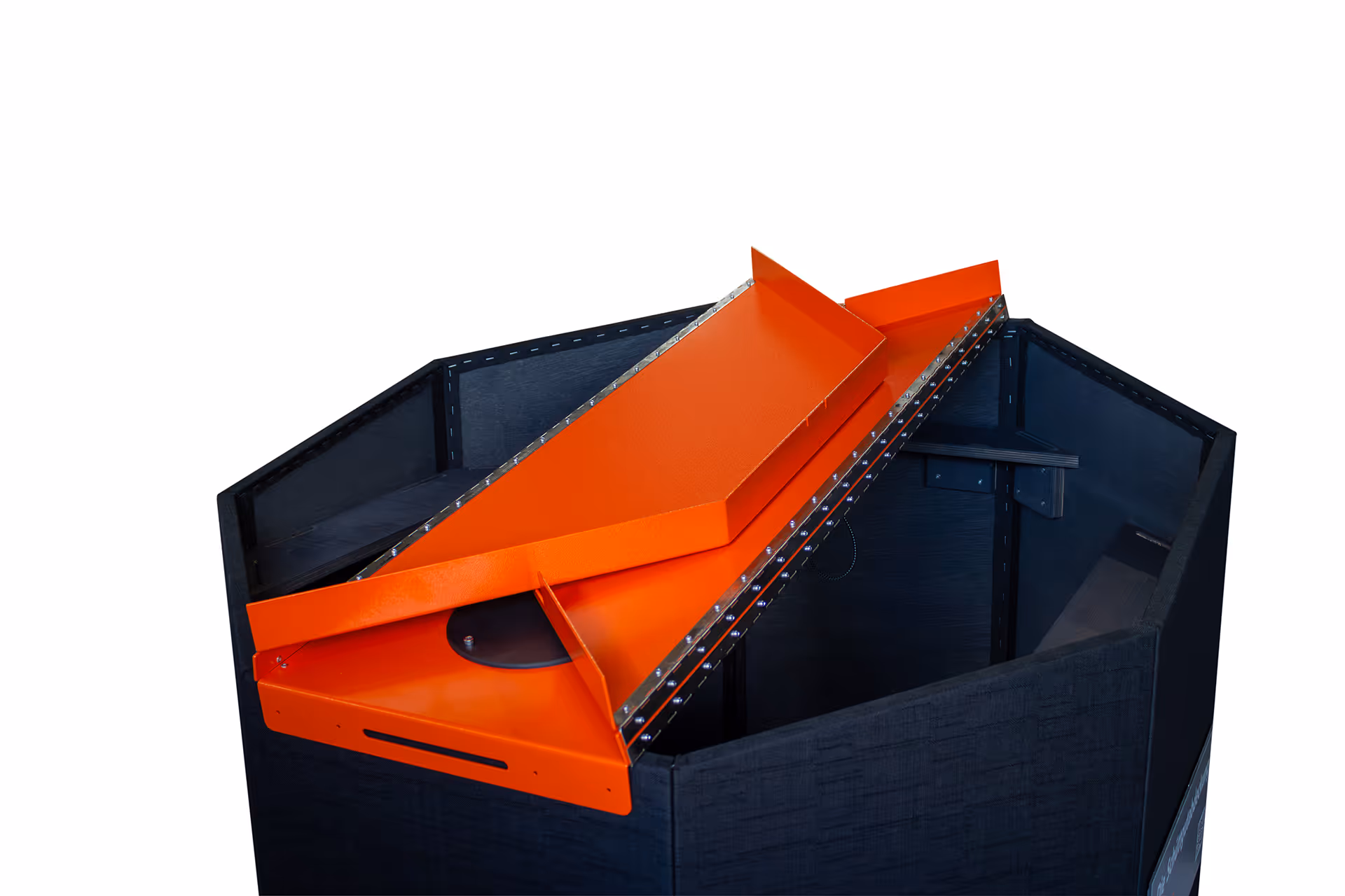 Orange octabin cover for suction lances that is folded up on both sides.