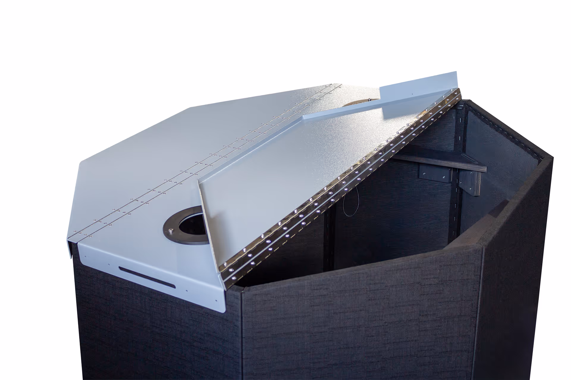 Gray octabin cover for suction lances that is half open.