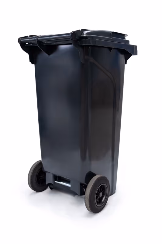 Dark gray garbage can from behind.