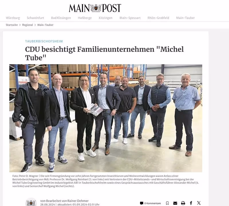 Fragment artykułu prasowego z Main Post poświęconego wizycie CDU w rodzinnej firmie Michel Tube.