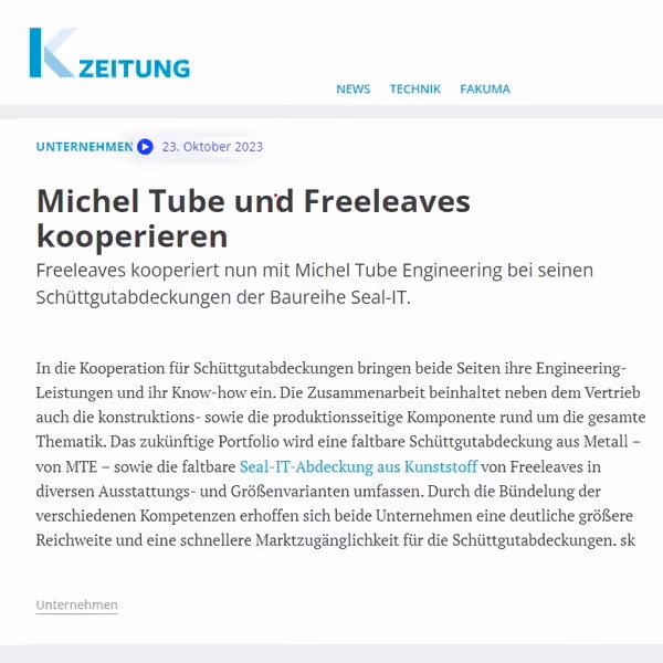 Fragment artykułu prasowego z gazety K-Zeitung poświęcony współpracy między Michel Tube i Freeleaves.