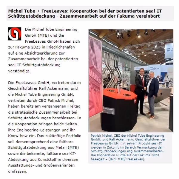 Fragment artykułu prasowego plasticker poświęconego nowemu pojemnikowi na materiały firmy Michel Tube. 