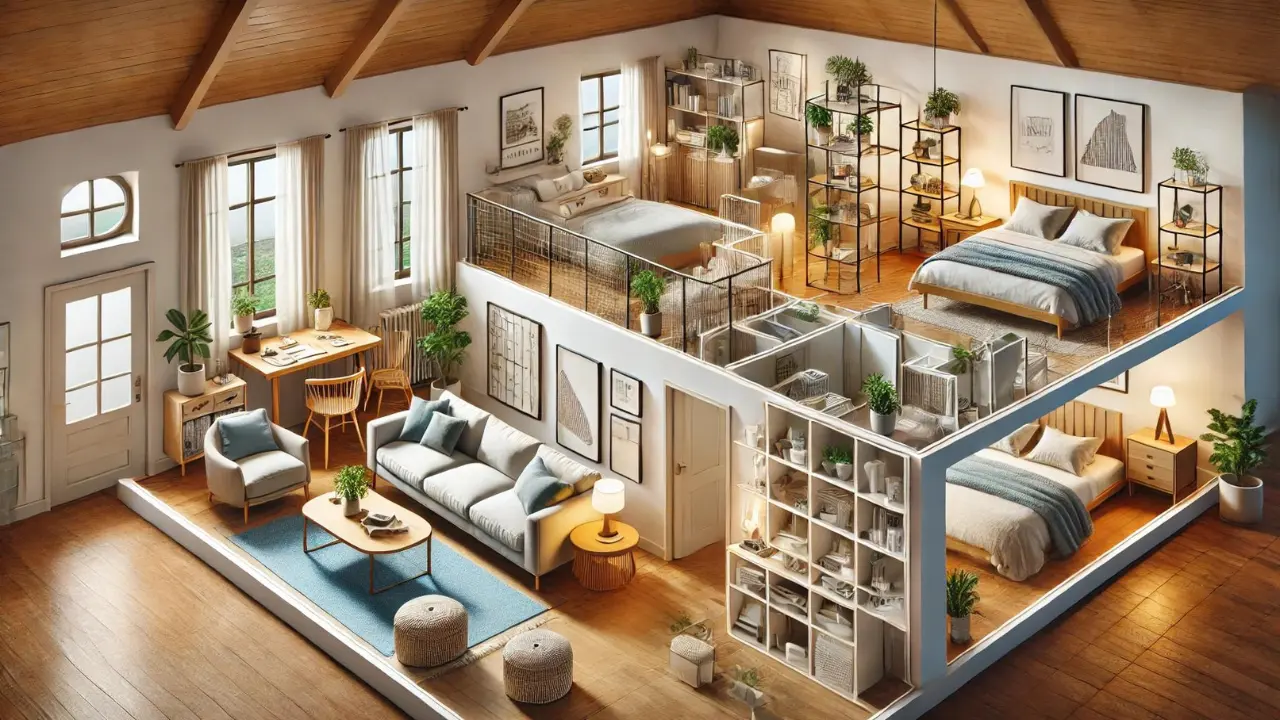 Cozy co-living property with four bedrooms and spacious common areas, featuring warm and inviting decor.