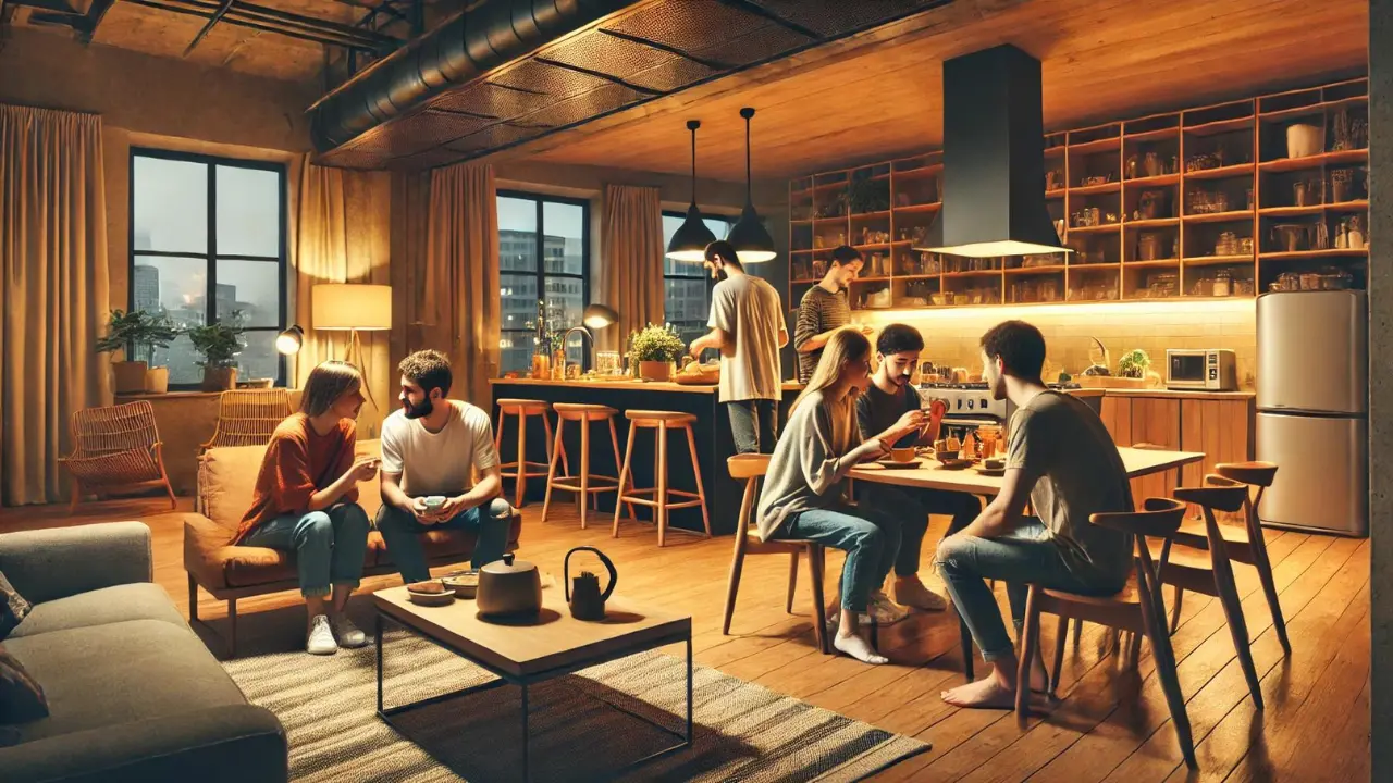 People sharing a meal in a modern co-living space with communal kitchen and living area.