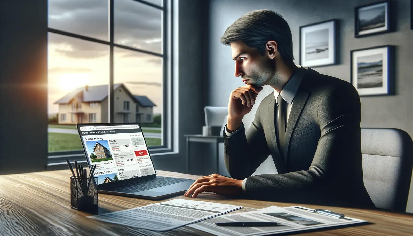 Real estate investor reviewing the MyHouseDeals marketplace on a laptop weighing pros and cons
