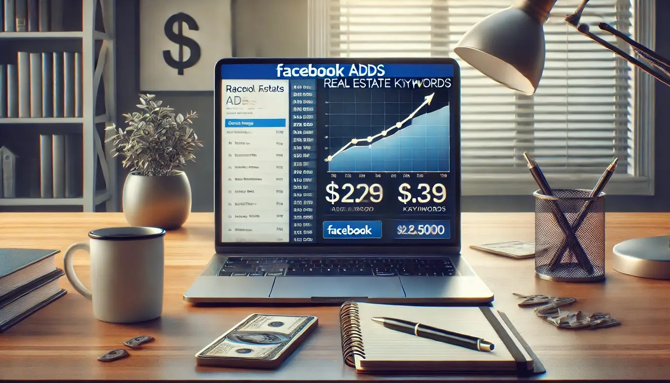 Laptop showing a Facebook Ads dashboard for real estate wholesale campaigns