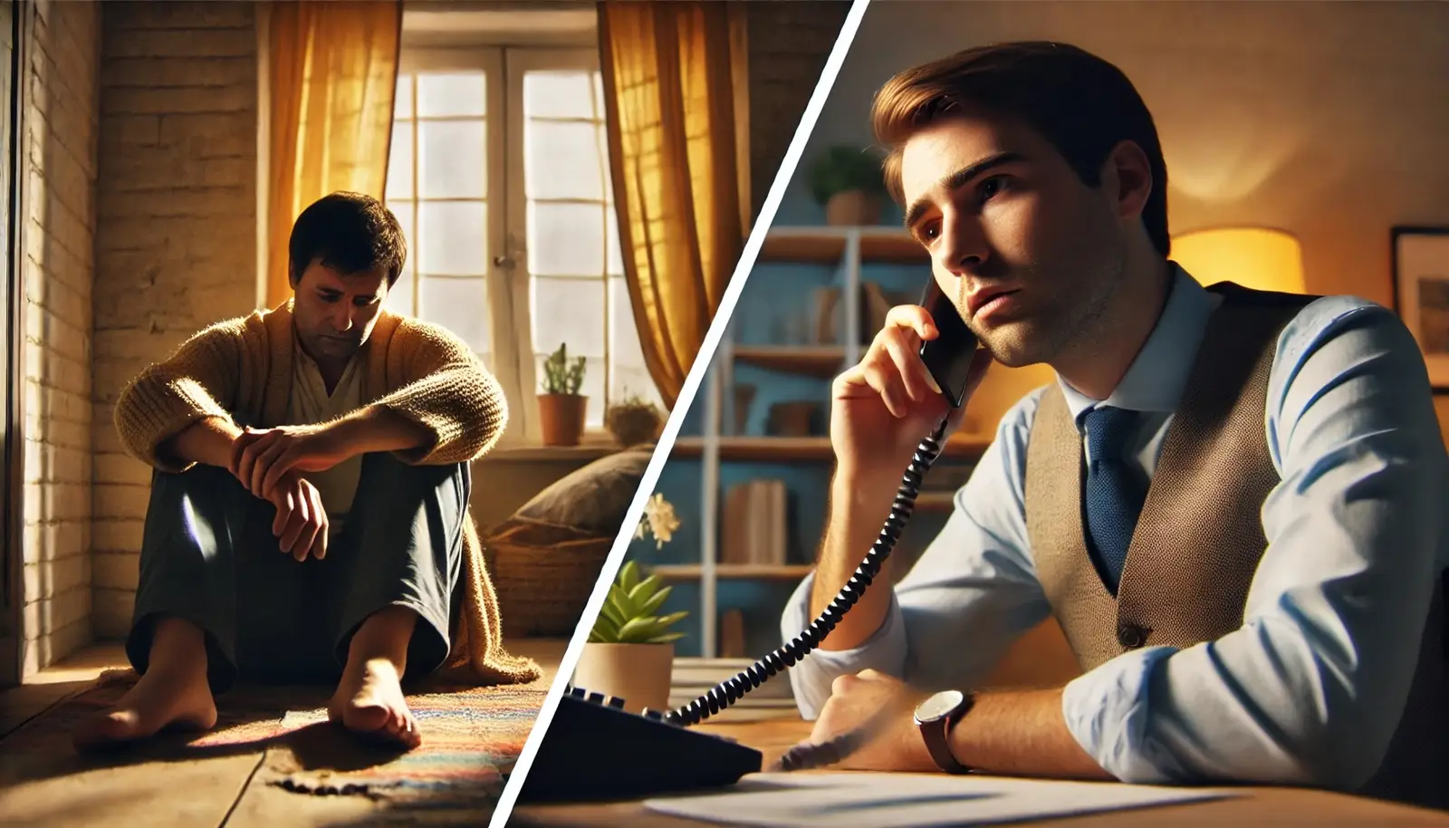 Distressed home seller on one side and a wholesaler building trust over the phone on the other