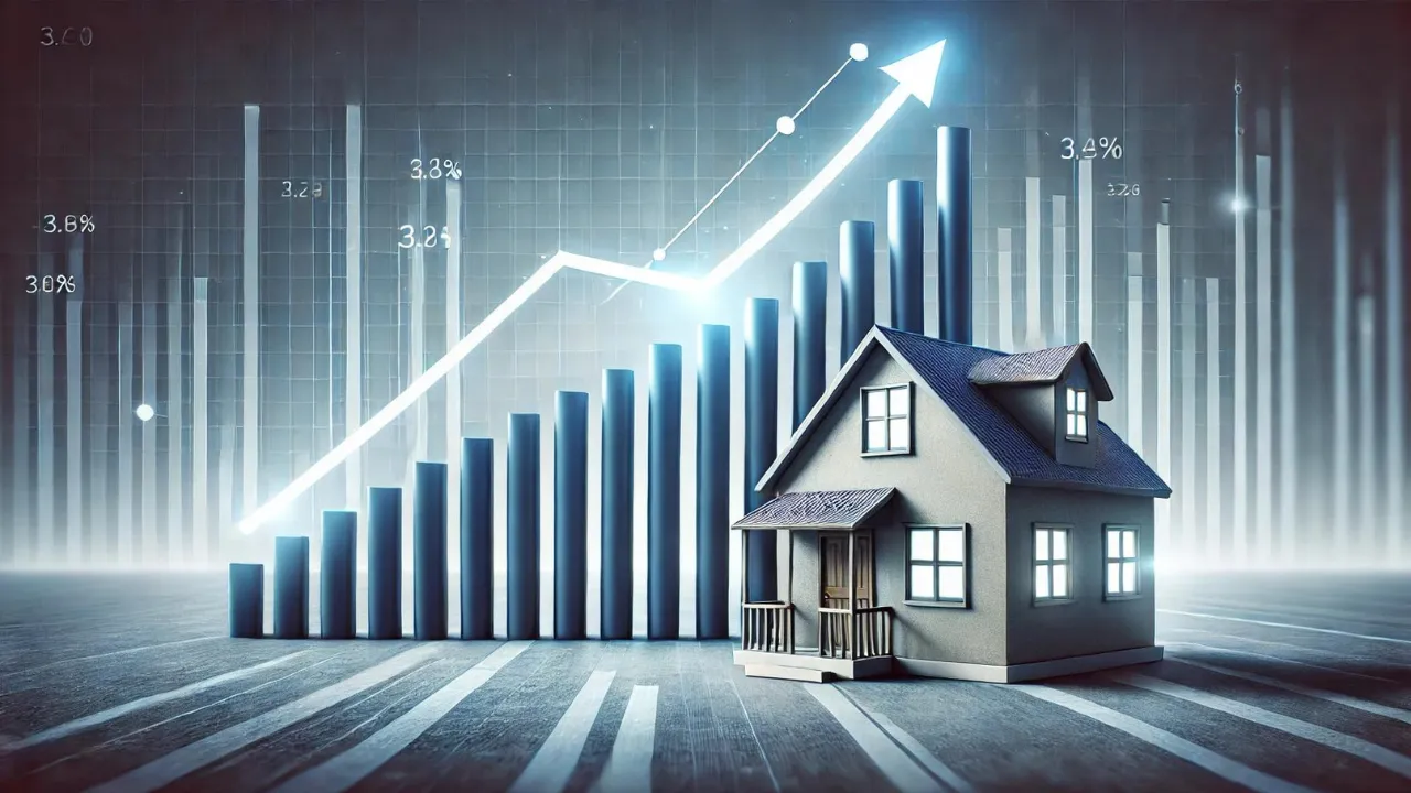 Rising graph alongside a house, symbolizing the steady and sustained growth of a successful real estate business over time.