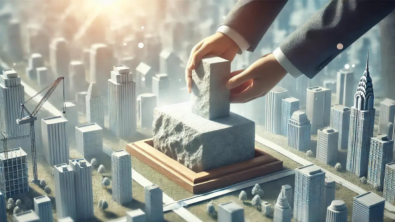 Person placing the first stone of a building, symbolizing the beginning of a project, highlighting the importance of starting a new endeavor.