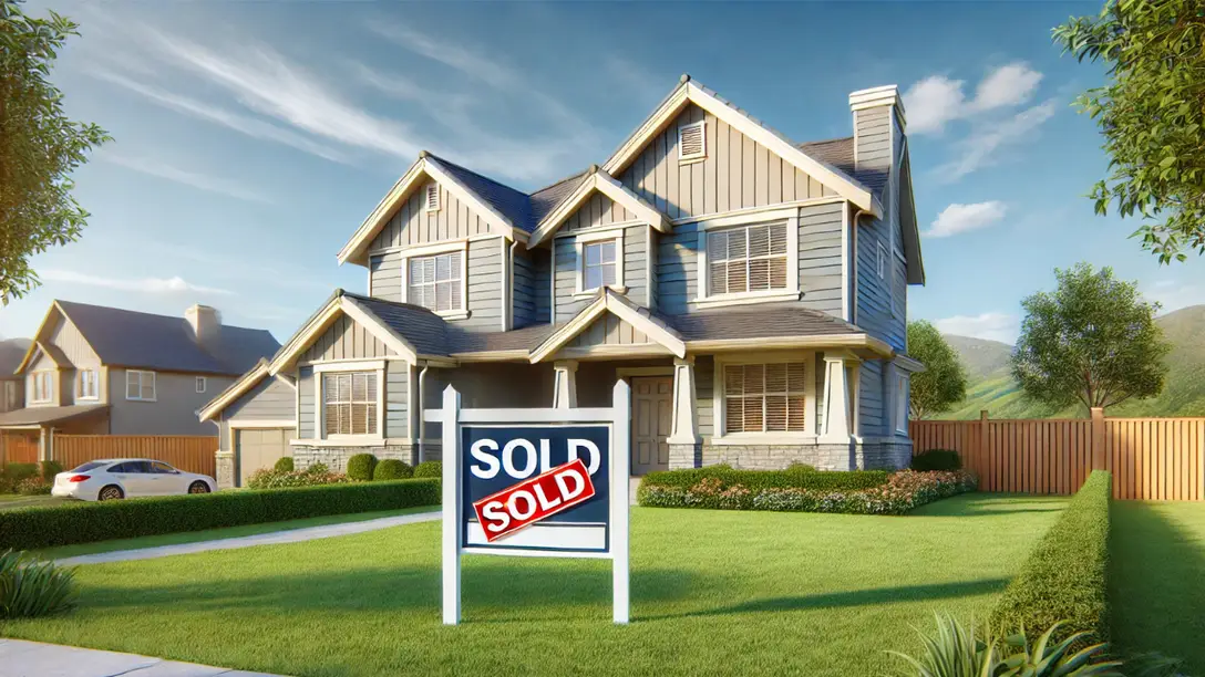 Modern suburban house with a large 'Sold' sign in the front yard, symbolizing success in real estate wholesale deals.