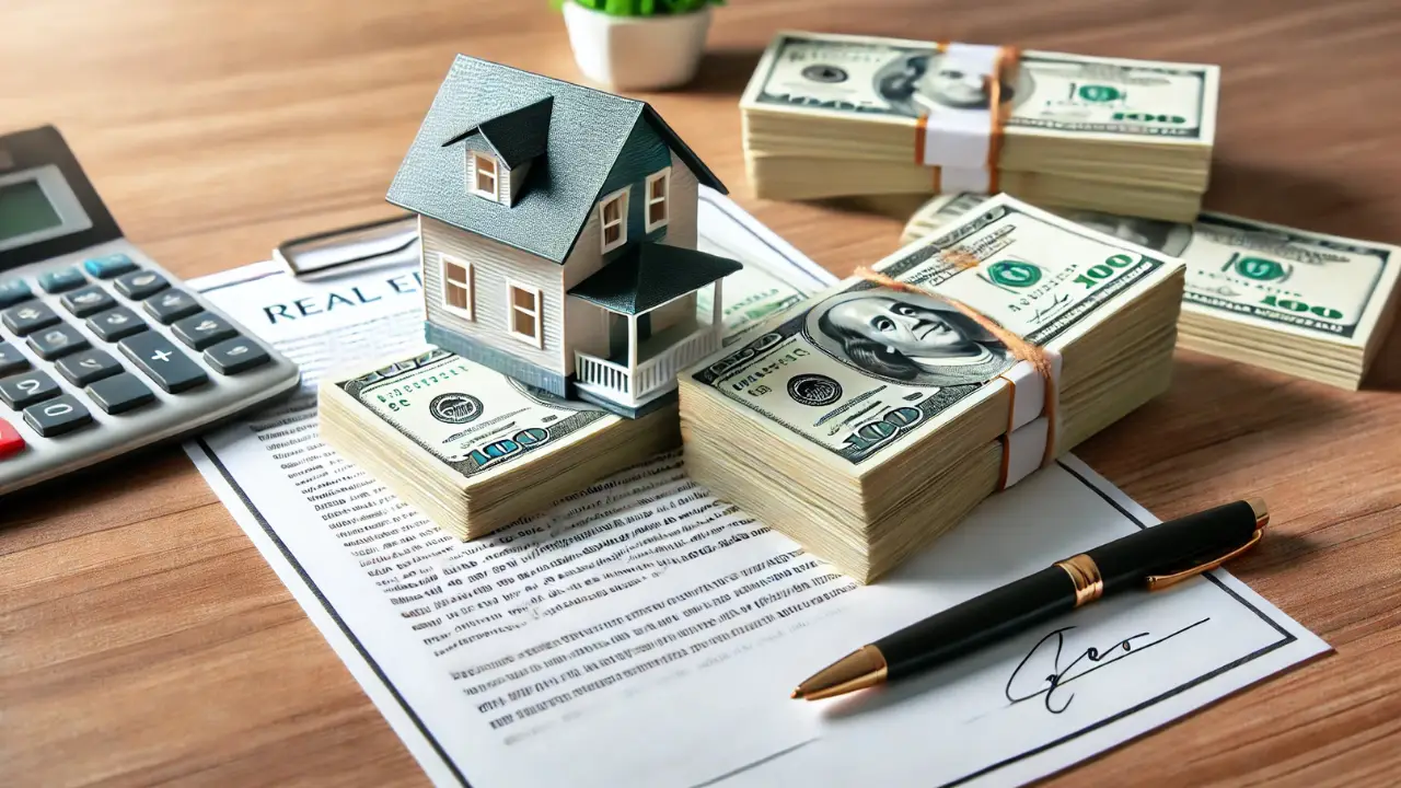 Stack of dollar bills next to a miniature house on a real estate contract, symbolizing financial success in wholesale real estate deals.