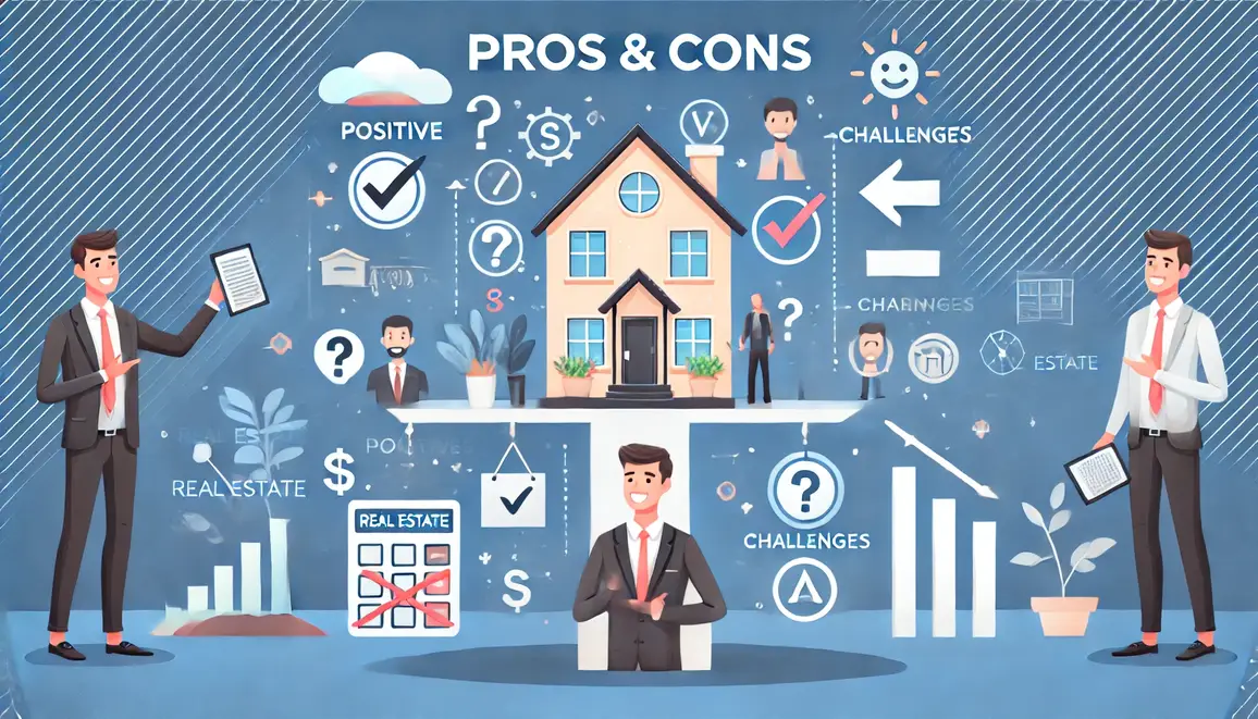 Illustration weighing the pros and cons of RedX with a house agents and positive and challenge icons