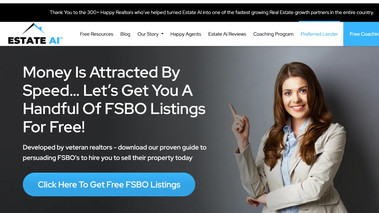 Estate AI website homepage offering free FSBO listings for real estate agents and investors