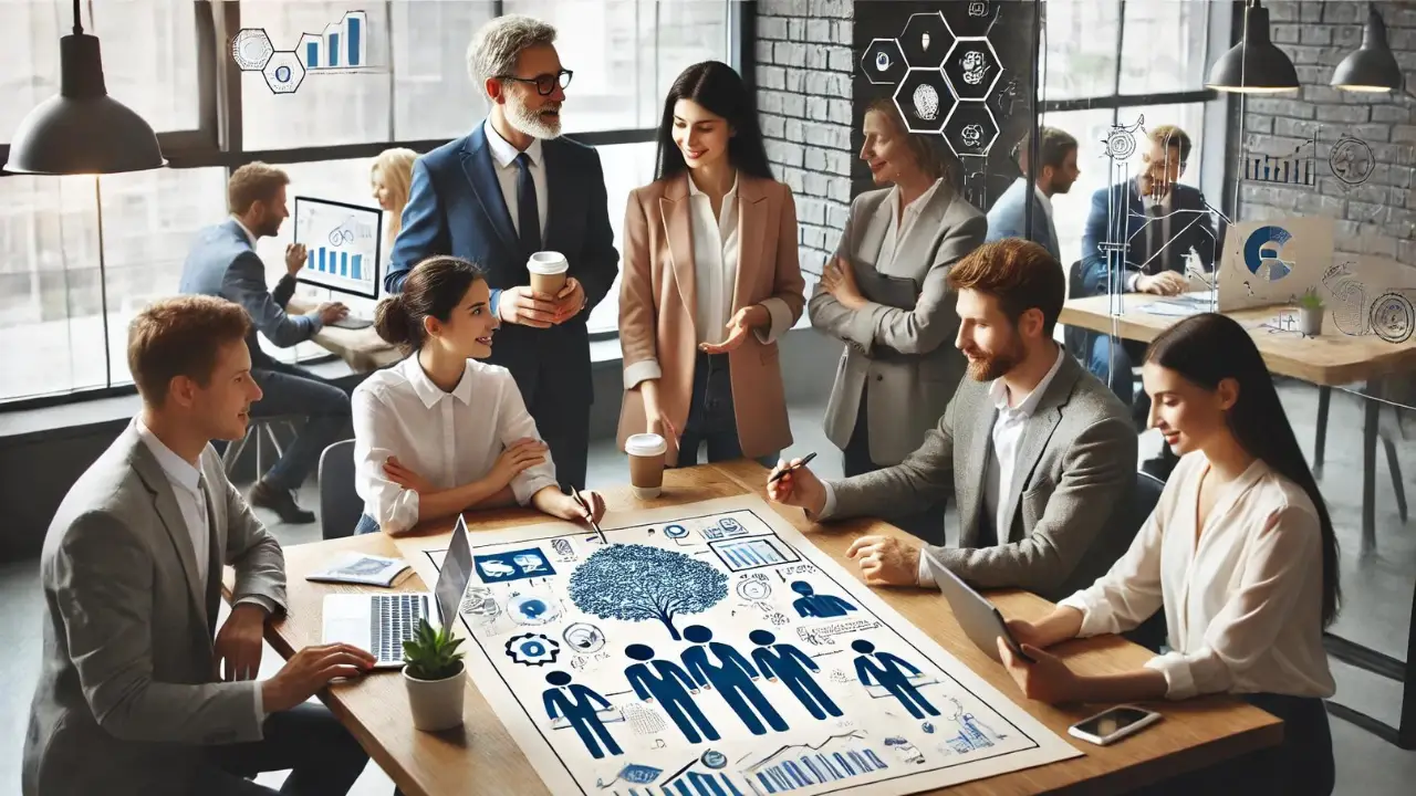 Team working together harmoniously in an office, showing cooperation and mutual support, highlighting a positive team culture.