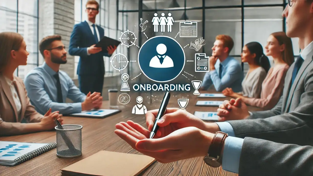 Group of new employees in an onboarding session, receiving information and resources, symbolizing the process of hiring and incorporating new team members.