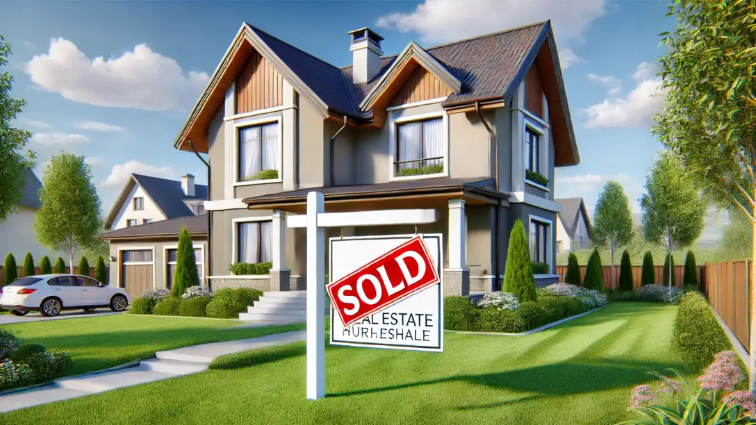 Modern suburban house with a large 'Sold' sign in the front yard, symbolizing success in a real estate wholesale deal.