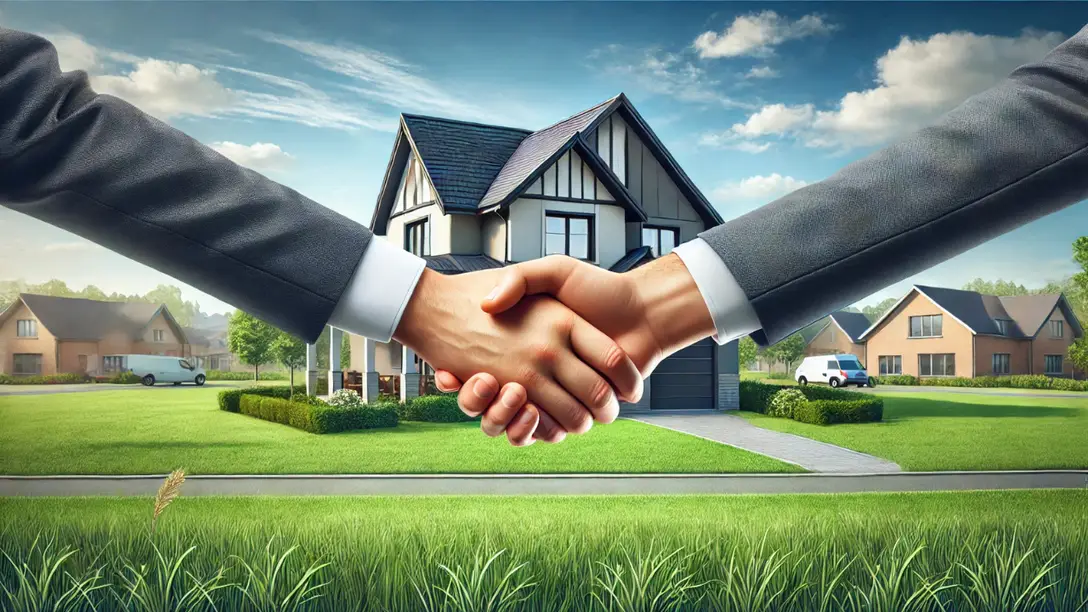 Two hands shaking in agreement in front of a modern suburban house, symbolizing trust and success in a real estate wholesale deal.