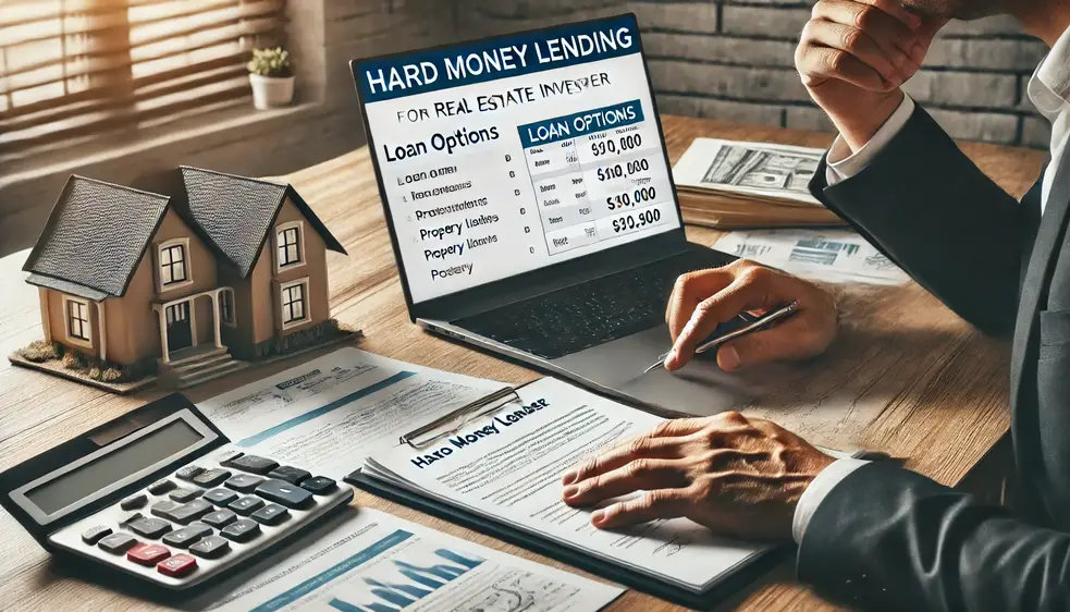 Real estate investor reviewing hard money lending loan options on a laptop with a calculator and model house