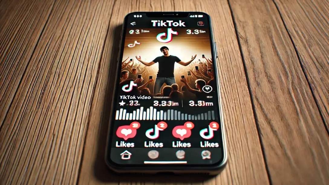 Mobile phone screen displaying a viral TikTok video with many likes and comments, emphasizing the power of TikTok in reaching a large audience and generating engagement.