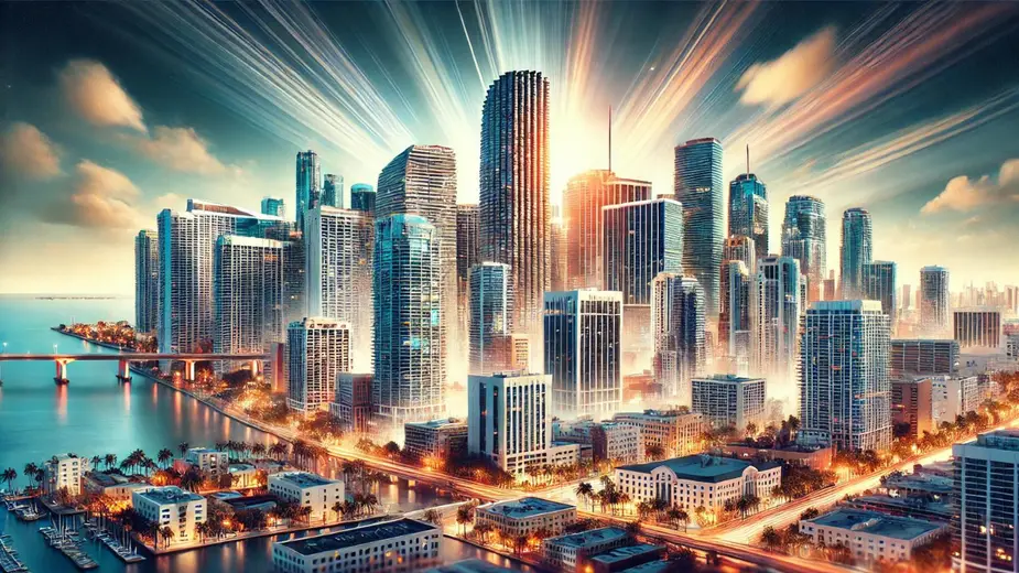 Miami skyline with skyscrapers and iconic buildings, symbolizing the urban market and its challenges.