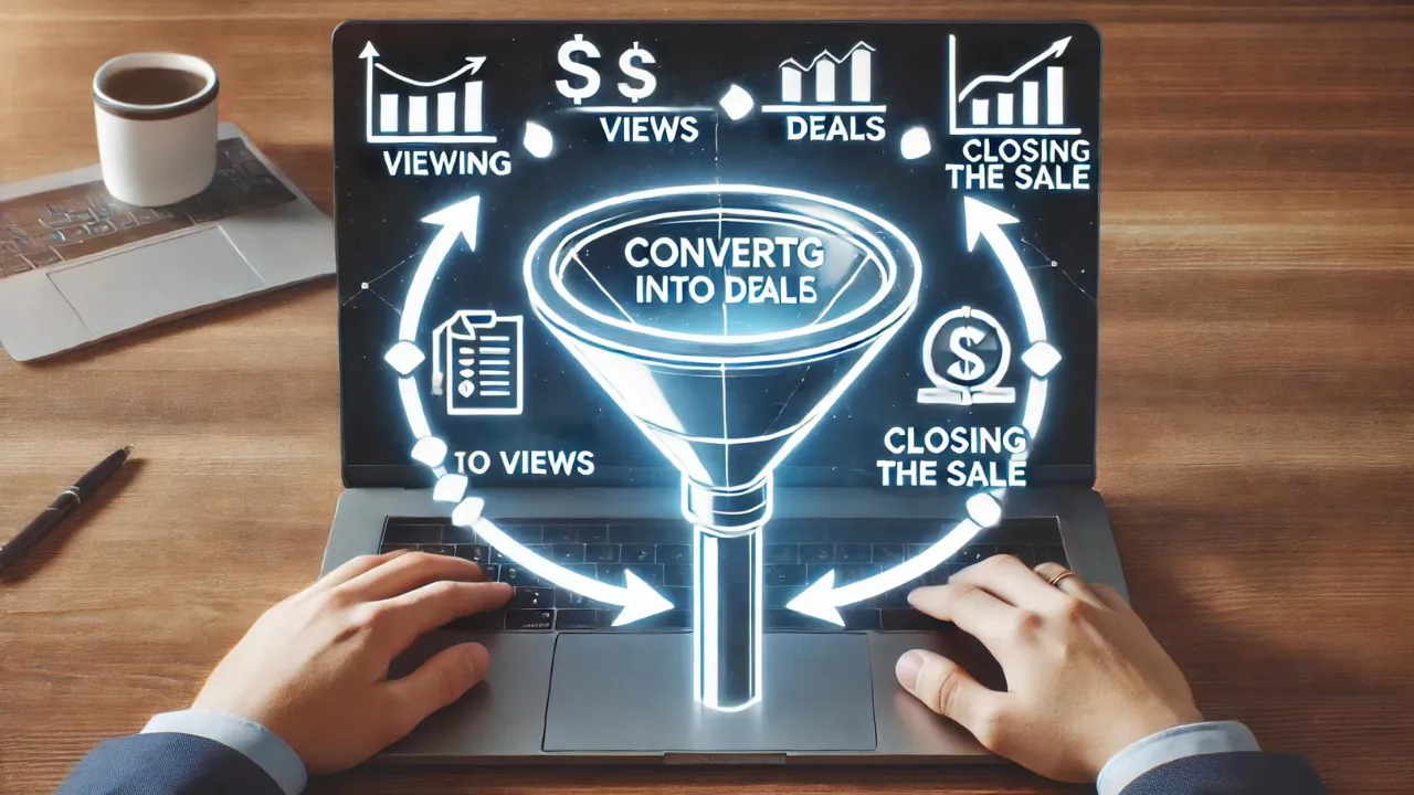 Funnel diagram showing the process of converting views into deals, with stages from viewing to closing the sale.
