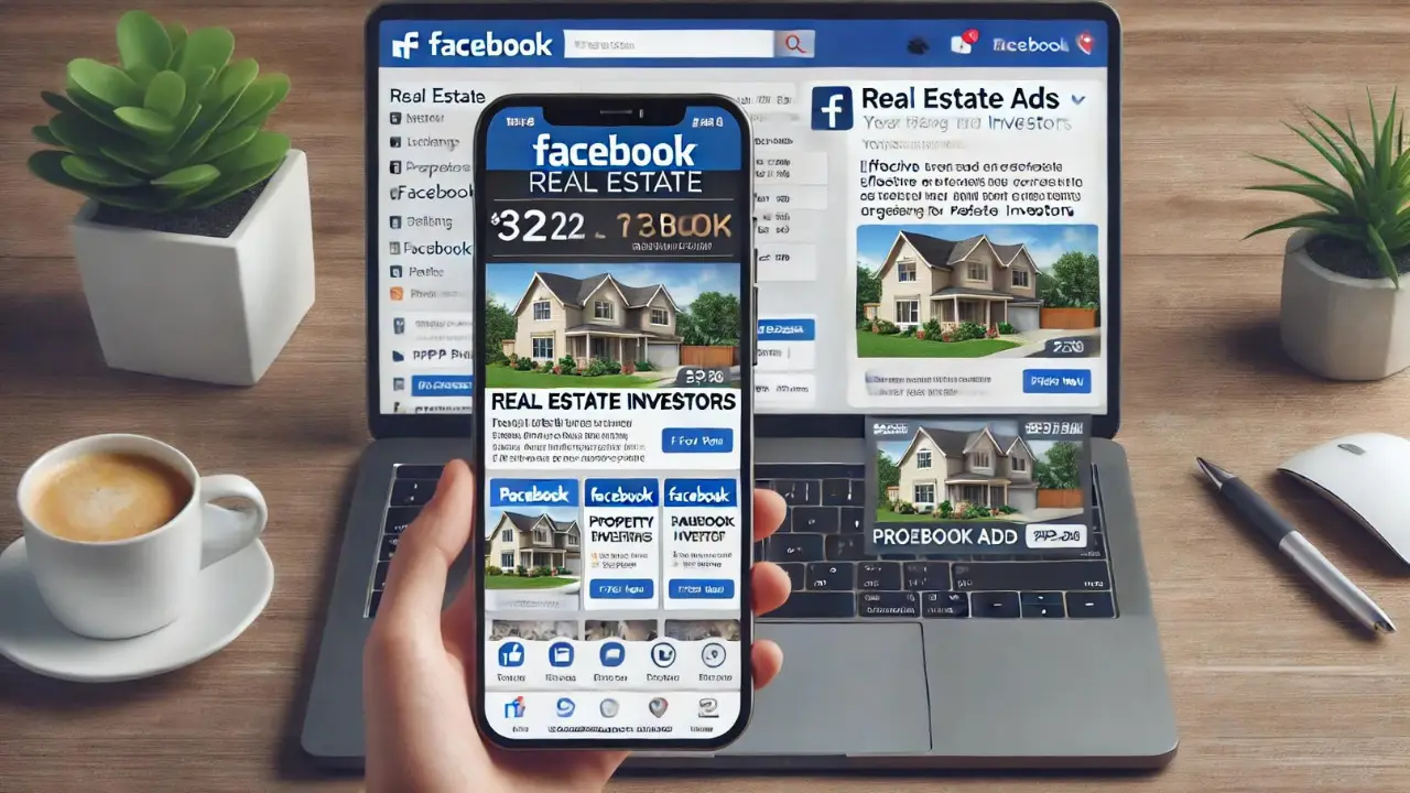 Laptop screen displaying real estate ads on Facebook, tailored for real estate investors.