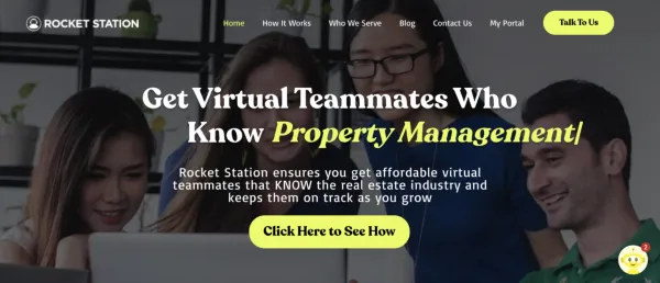 RocketStation homepage screenshot showing virtual assistant service for real estate property management