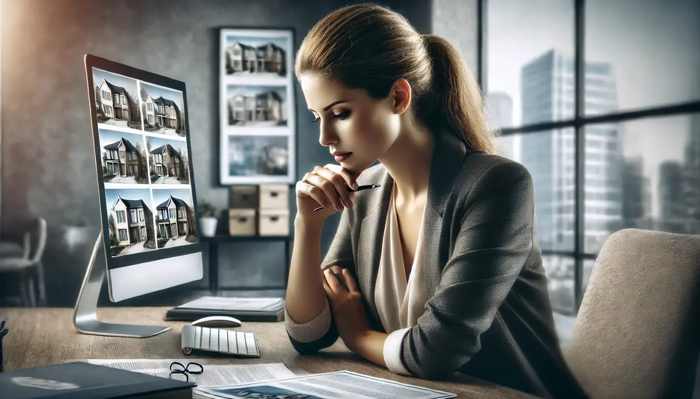 Real estate agent reviewing property listings on a monitor while evaluating realtor lead generation platforms