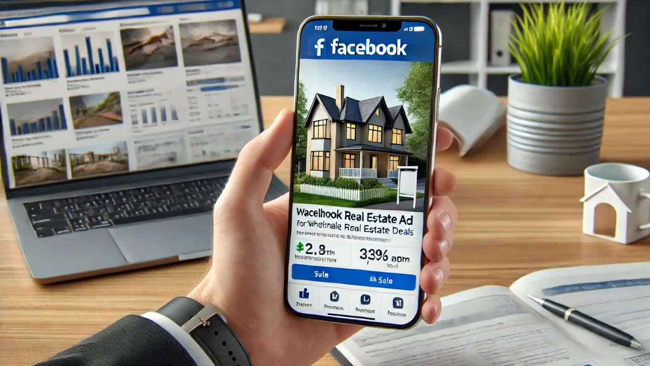 Smartphone displaying a Facebook real estate ad in a professional workspace, symbolizing the use of ads for wholesale deals
