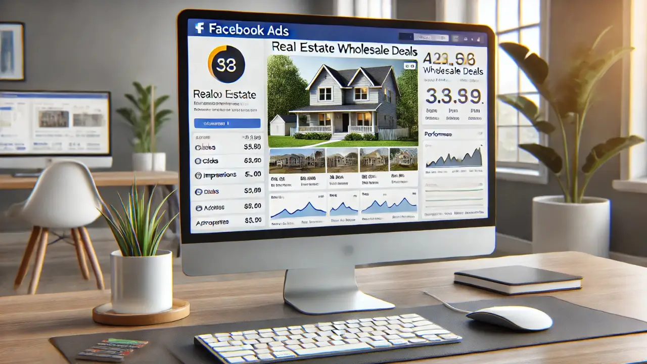 Smartphone displaying a Facebook real estate ad in a professional workspace, symbolizing the use of ads for wholesale deals