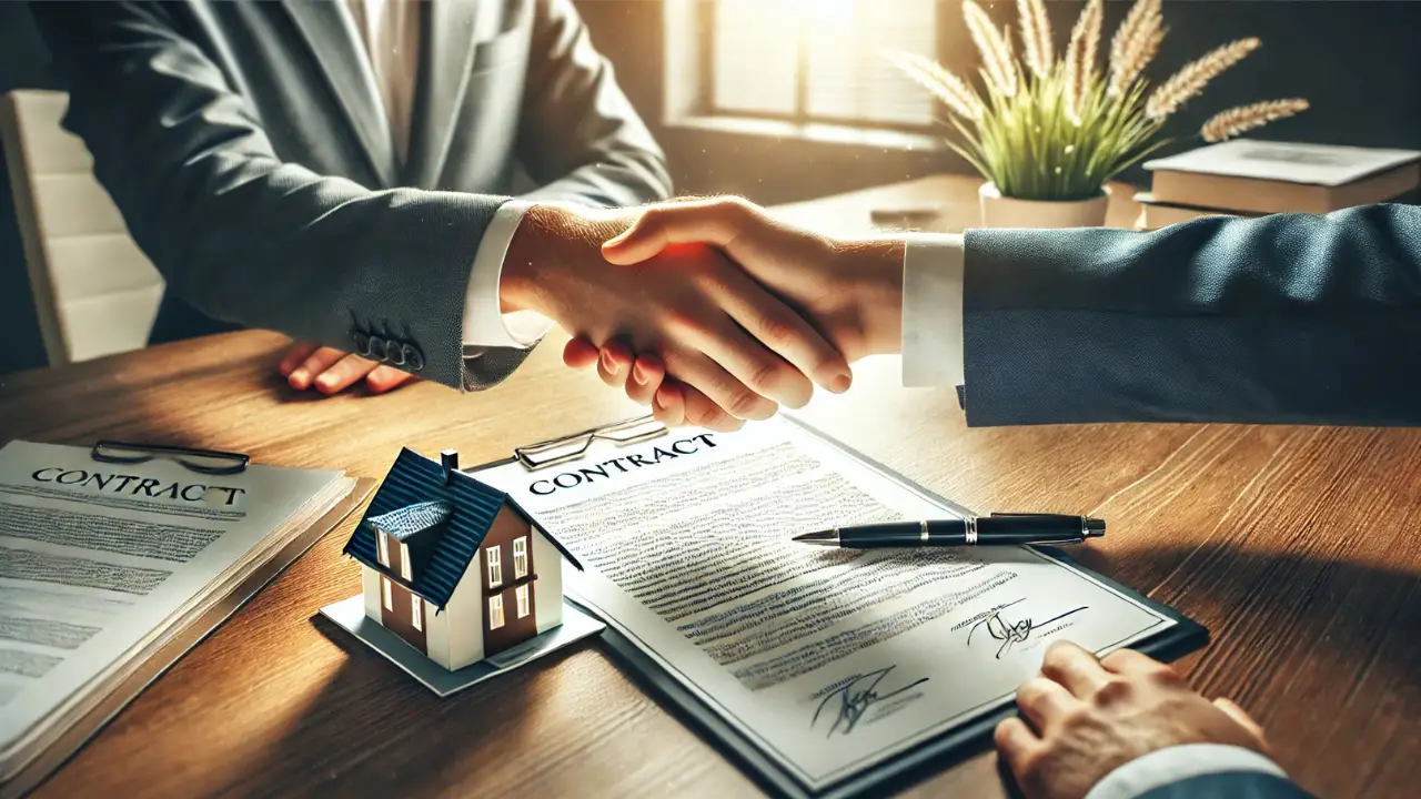 Two hands shaking over a desk with a contract and a small house model, symbolizing agreement in a novation deal.
