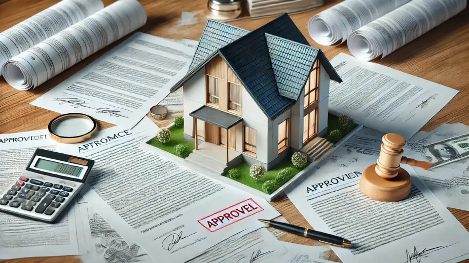 Modern house surrounded by legal documents and an approval stamp, symbolizing the structured process of a novation deal.
