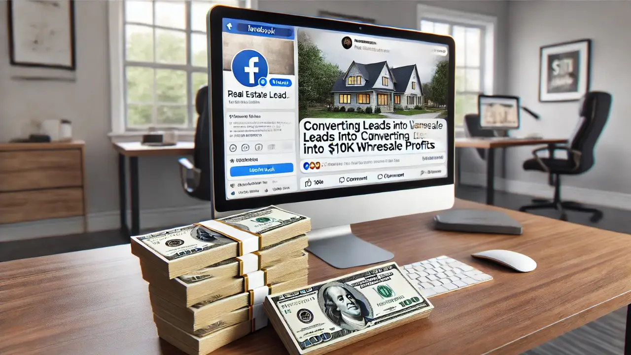 Stack of $100 bills next to a computer screen showing a Facebook conversation about real estate leads, symbolizing a $10K wholesale profit.