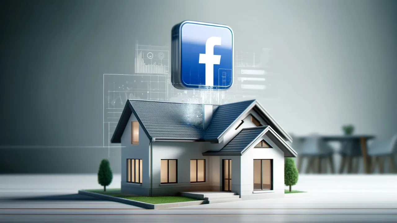 Modern house with a Facebook Ads icon hovering above, symbolizing real estate marketing campaigns for wholesale deals.