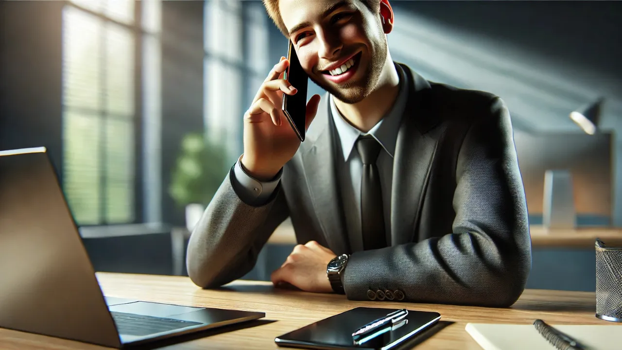 Person smiling while holding a modern smartphone at a desk in a professional office setting, symbolizing trust in communication.