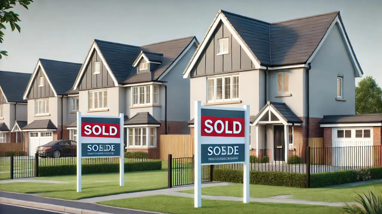 Photorealistic image of two modern suburban houses with prominent 'Sold' signs, set in a bright, typical neighborhood.