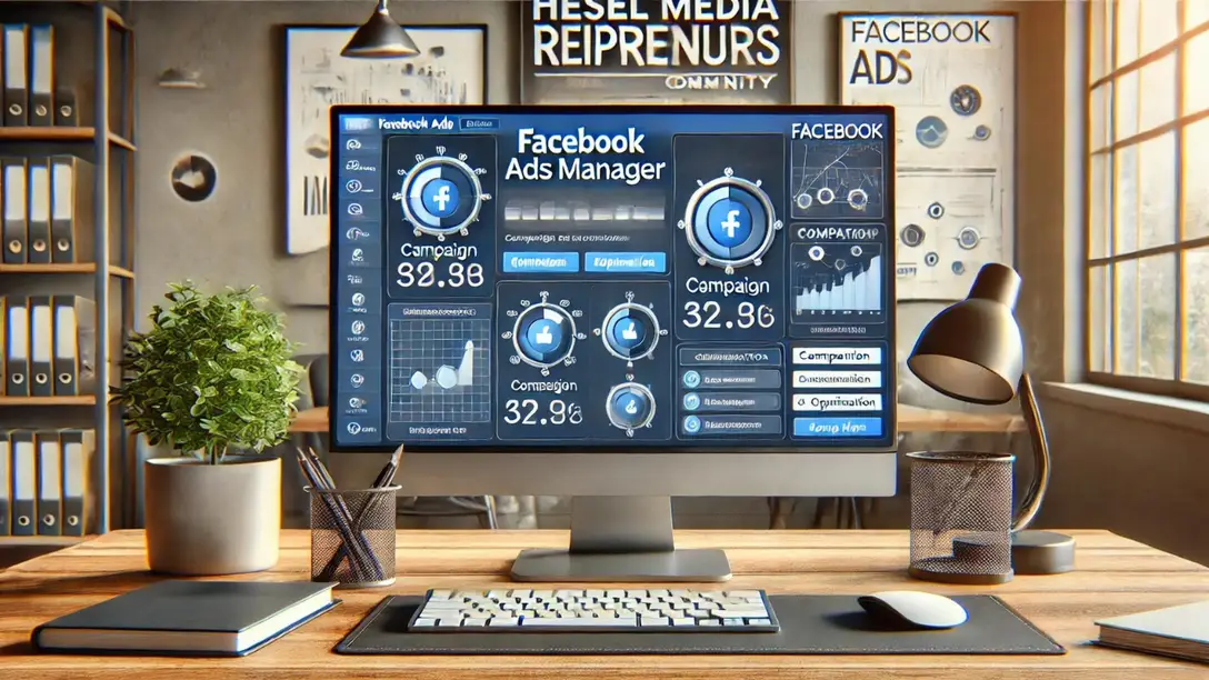Computer screen displaying the Facebook Ads Manager interface, highlighting campaign creation and optimization tools for managing Facebook ad campaigns.