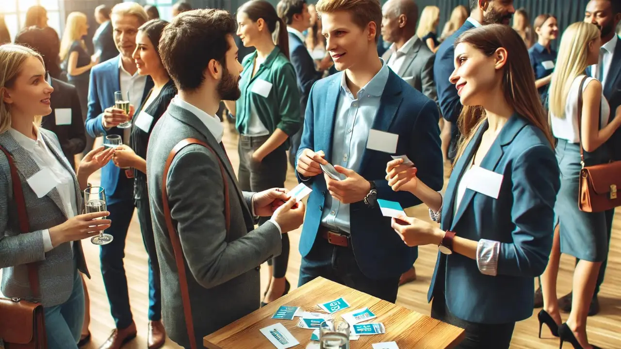 People interacting at a business networking event, exchanging business cards and engaging in conversations.