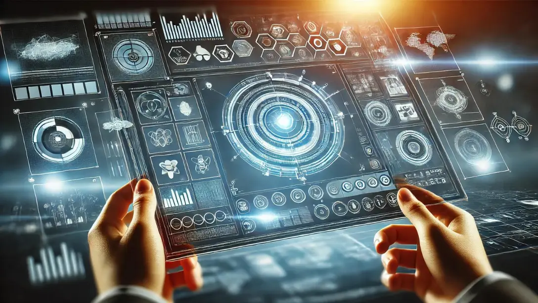 A digital screen with interactive icons and graphics, representing advanced technological interfaces.