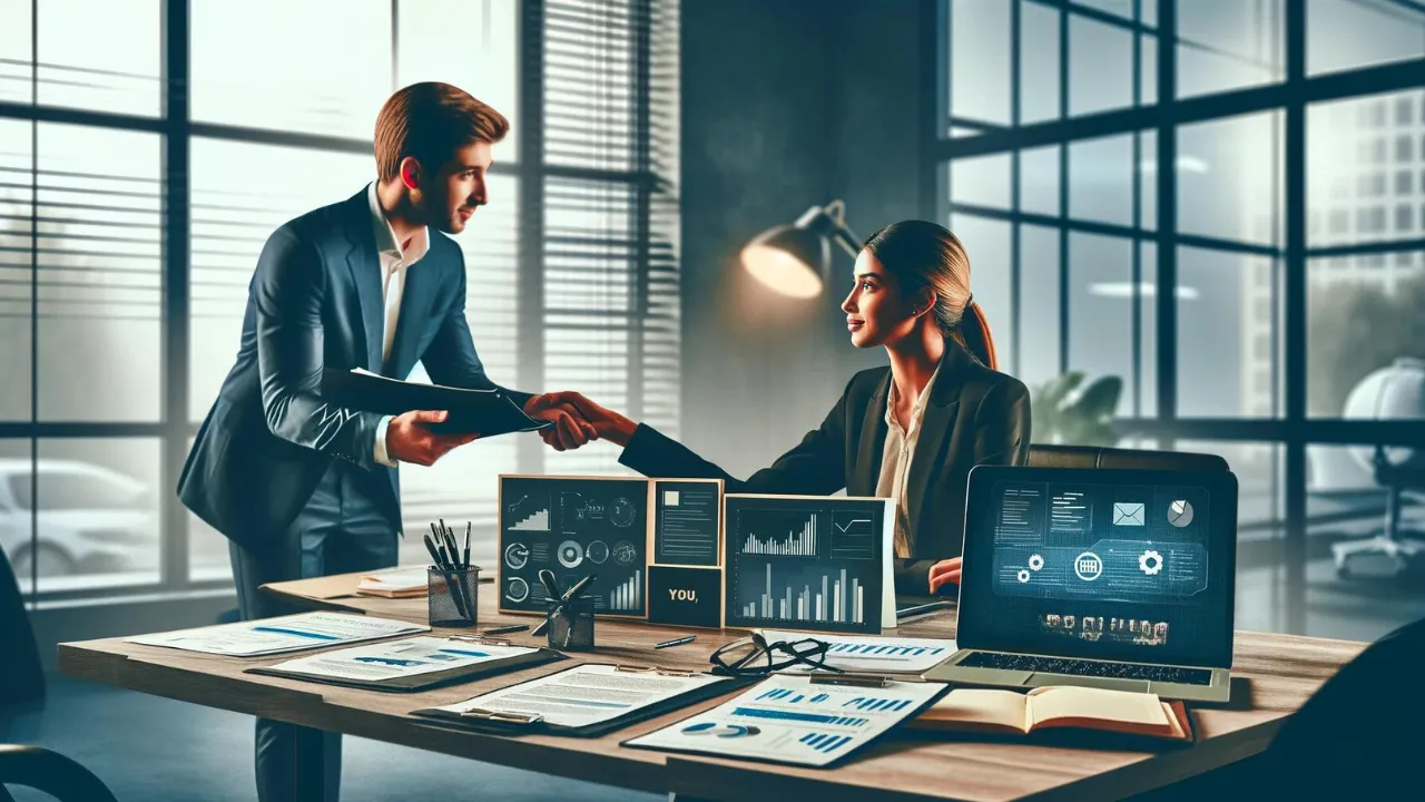 Sales negotiation between a sales representative and a potential client in a modern office, highlighting a crucial stage in the sales process with documents and laptops.