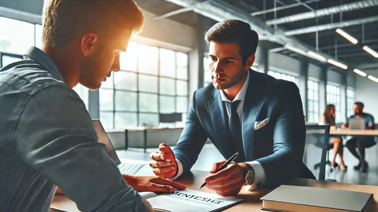 Mentor guiding an apprentice in a one-on-one conversation in a modern office, symbolizing knowledge transfer and personal growth for the REIPRENEURS community.