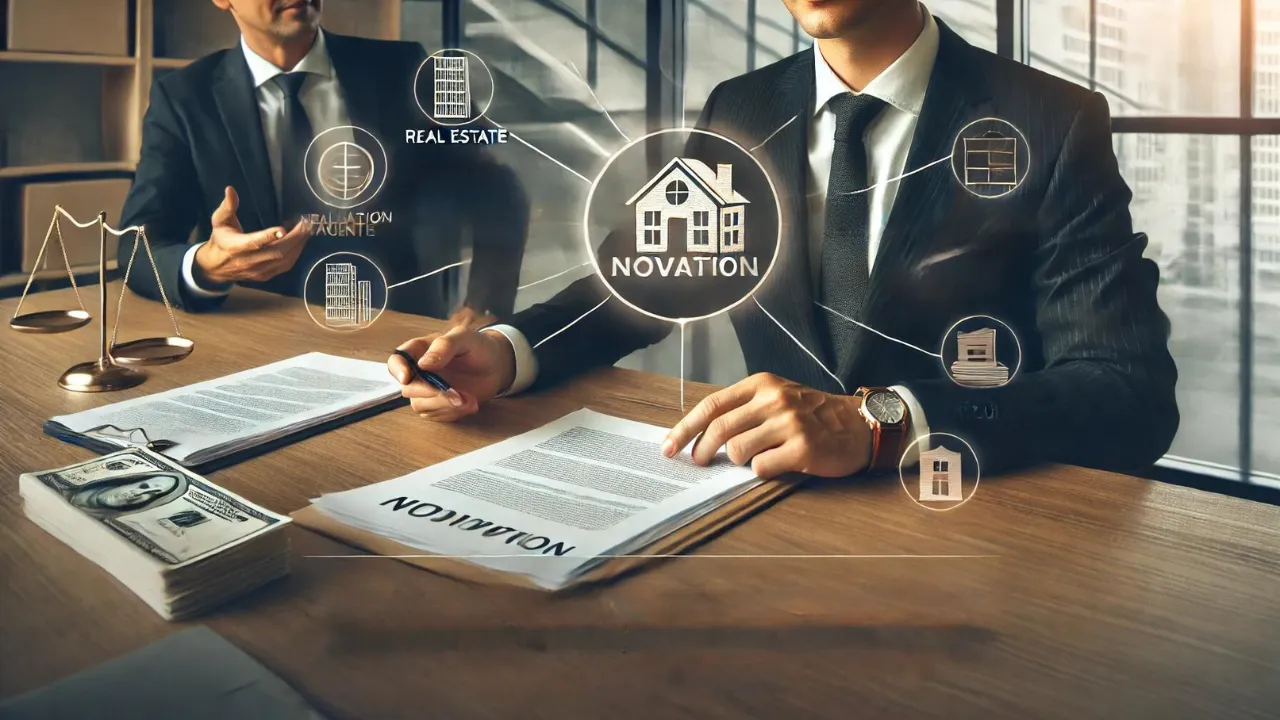 Real estate agent or lawyer explaining the process of novation to a client, with legal documents on the table, symbolizing how novation helps navigate wholesaling regulations.