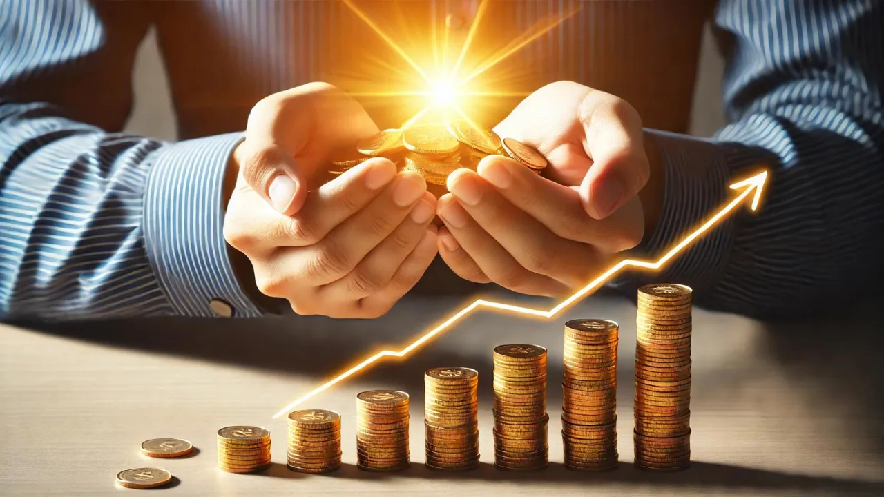 Hands holding a rising stack of gold coins, symbolizing the process of raising capital.