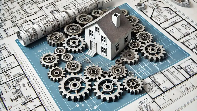 Interconnected gears next to a house blueprint, symbolizing automation and delegation in a house flipping business.