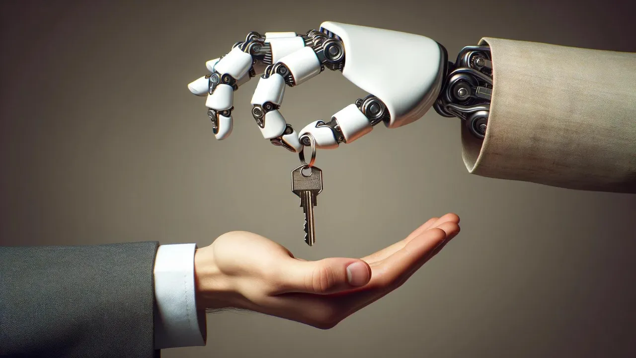 Robotic hand passing keys to a human hand, symbolizing automation and delegation in real estate.