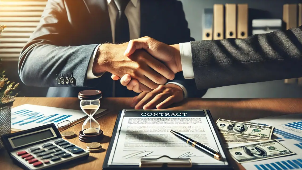 Two people shaking hands over a contract, symbolizing trust between partners and investors.