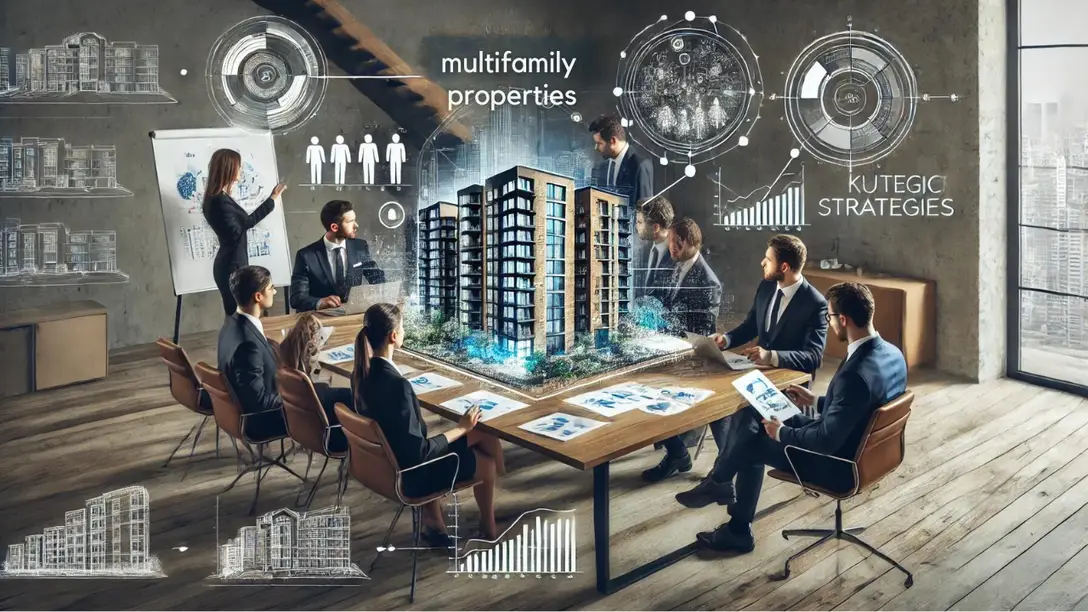 Team of professionals in a meeting room with diagrams and charts, discussing key strategies for success in multifamily properties.